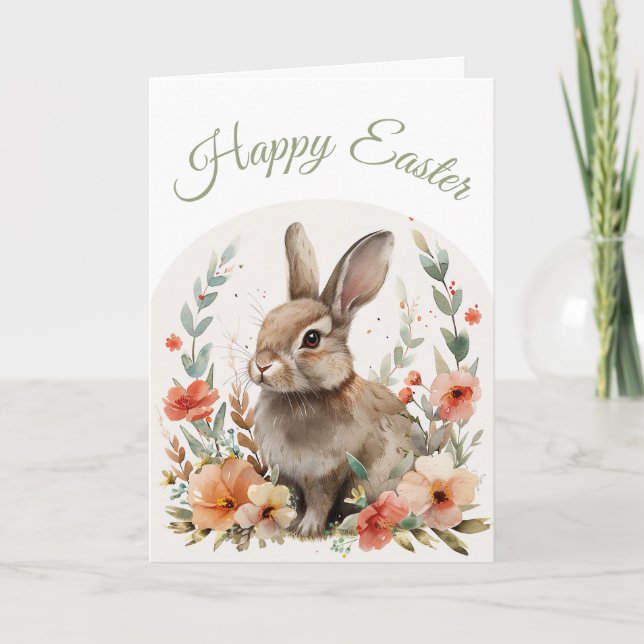 Watercolor Bunny Happy Easter Greeting Holiday Card (Front)