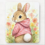 Watercolor Bunny in a Pink Hoodie Mouse Pad<br><div class="desc">A charming bunny dressed in an adorable pink hoodie glances back with curiosity,  surrounded by the enchanting colors of a garden in watercolor art</div>