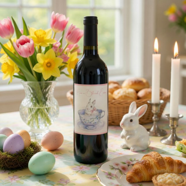 Watercolor Bunny in Teacup | Easter Wine Label (Creator Uploaded)
