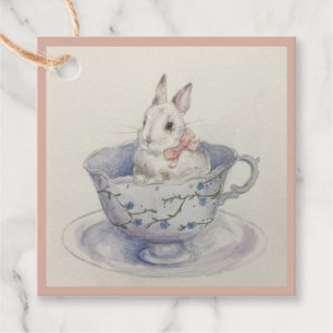 Watercolor Bunny in Teacup   Whimsical Square Gift Favour Tags