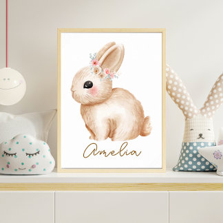 Watercolor Bunny Nursery Print Floral Woodland