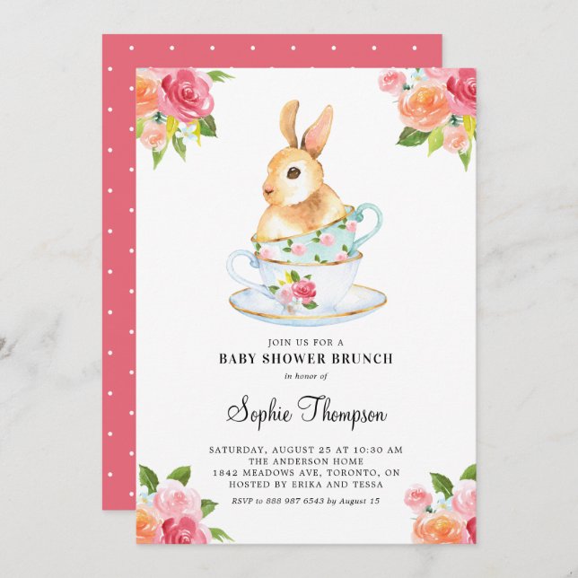 Watercolor Bunny on Teacups Baby Shower Brunch Invitation (Front/Back)