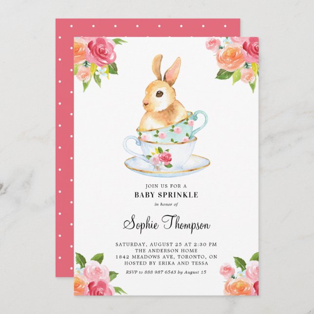 Watercolor Bunny on Teacups Floral Baby Sprinkle Invitation (Front/Back)
