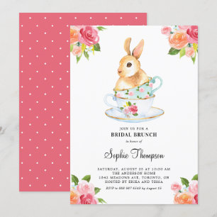 Watercolor Bunny on Teacups Floral Bridal Brunch Invitation