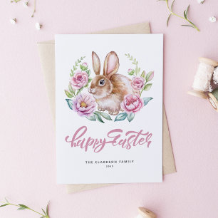 Watercolor Bunny Pink Floral Wreath Happy Easter Holiday Card