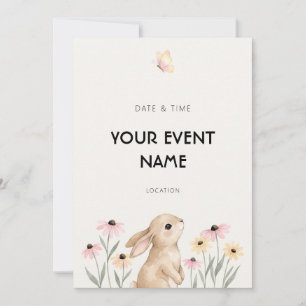 Watercolor Bunny Pink Wildflower Floral Invitation