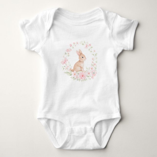 Watercolor Bunny Rabbit Floral Wreath Baby Bodysuit (Front)