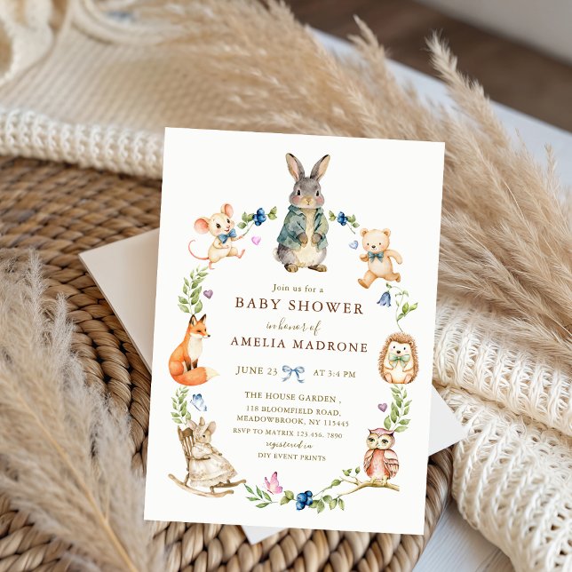 Watercolor Bunny Rabbit Friends Wreath Baby Shower Invitation (Creator Uploaded)