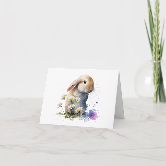 Watercolor Bunny Rabbit in Field of Flowers BLANK  Card (Front)