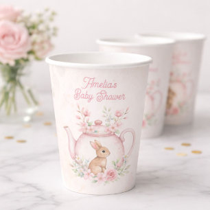 Watercolor Bunny Rabbit Tea Pot Floral Baby Shower Paper Cups