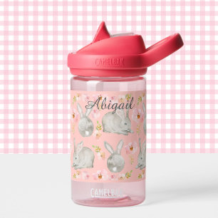 Watercolor Bunny Rabbits Add Name Soft Grey & Pink Water Bottle