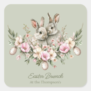 Watercolor Bunny Rabbits Floral Easter Brunch Egg Square Sticker