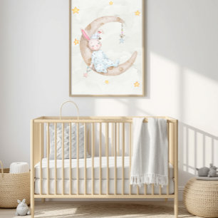 Watercolor Bunny Sleeping on Moon Nursery Art - Poster