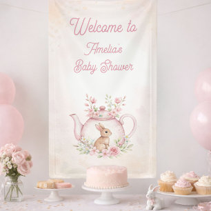 Watercolor Bunny Tea Party Floral Girl Baby Shower Banner