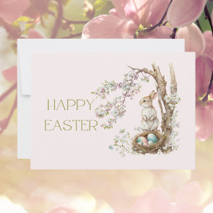 Watercolor Bunny Under Magnolia Tree Happy Easter Card