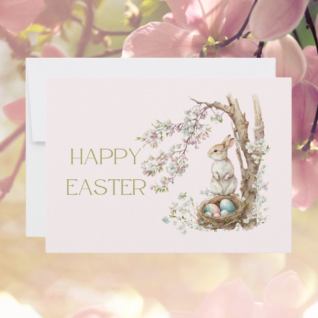 Watercolor Bunny Under Magnolia Tree Happy Easter Card (Creator Uploaded)