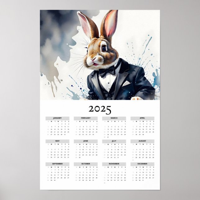 Watercolor Bunny Wearing Tuxedo 2025 Wall Calendar Poster (Front)