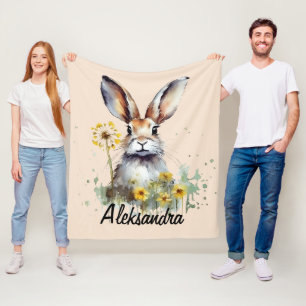 Watercolor Bunny with Dandelion Fleece Blanket