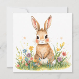 Watercolor Bunny with Flowers Holiday Card