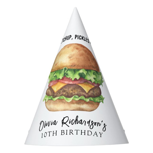 Watercolor Burger Party Birthday Party Hat (Front)