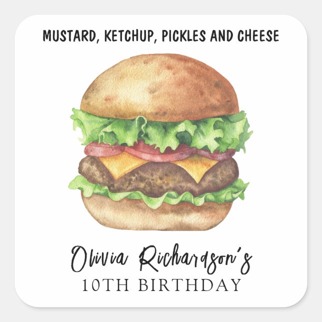 Watercolor Burger Party Birthday Square Sticker (Front)