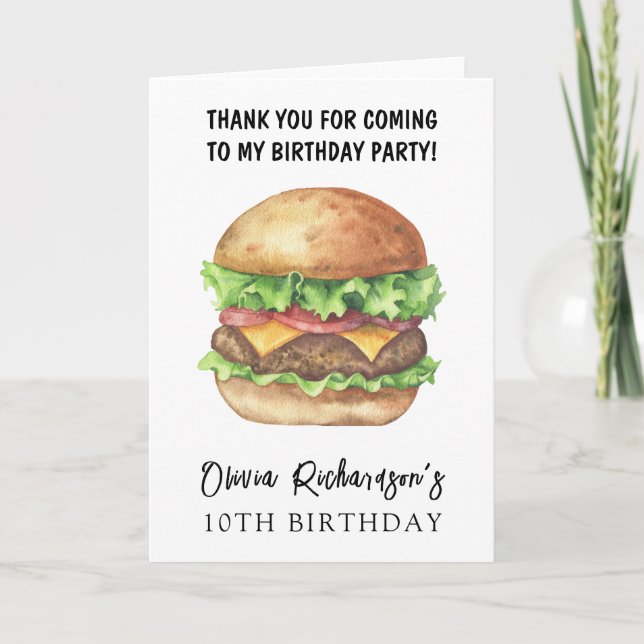 Watercolor Burger Party Birthday Thank You Card (Front)