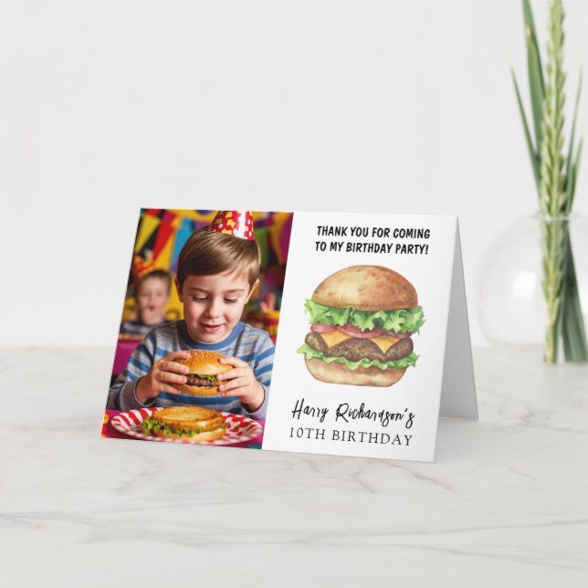 Watercolor Burger Party Birthday Thank You Card (Front)