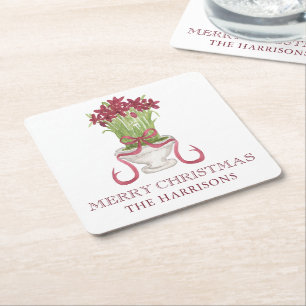 Watercolor Burgundy Amaryllis Christmas Square Paper Coaster