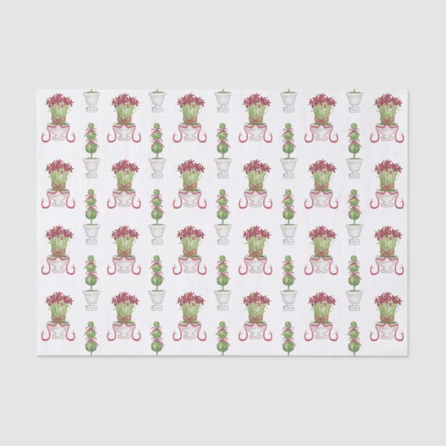 Watercolor Burgundy Amaryllis & Topiary Christmas Tissue Paper (Front)