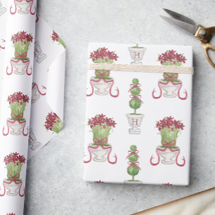 Watercolor Burgundy Amaryllis & Topiary Monogram Wrapping Paper