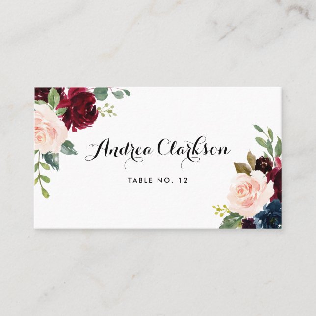 Watercolor Burgundy and Blue Floral Bouquet Place Card (Front)