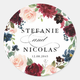 Watercolor Burgundy and Blue Floral Wreath Wedding Classic Round Sticker