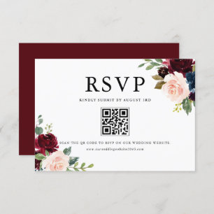 Watercolor Burgundy and Blue Flowers QR Code RSVP Card