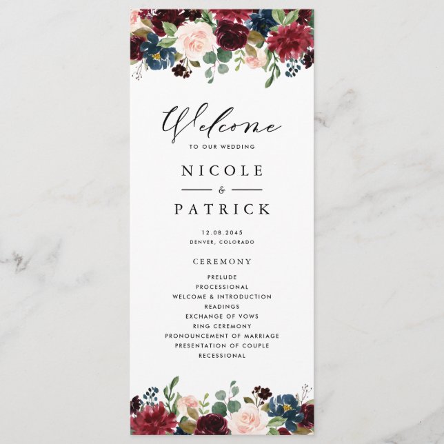 Watercolor Burgundy and Blue Flowers Wedding Programme (Front)