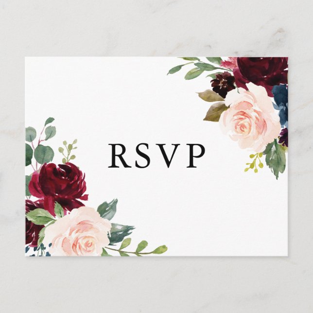 Watercolor Burgundy and Blue Flowers Wedding RSVP Postcard (Front)