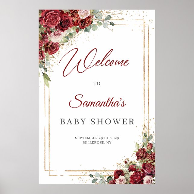 Watercolor burgundy and blush Baby Shower welcome Poster (Front)