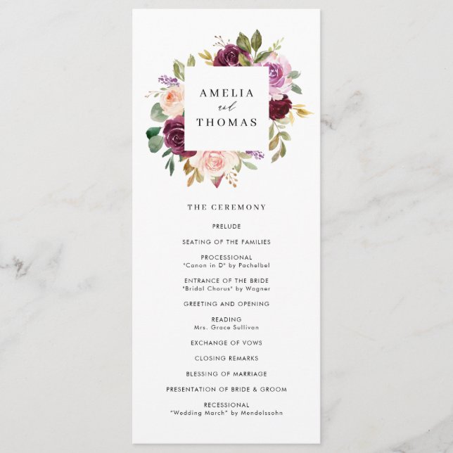 Watercolor Burgundy and Blush Fall Floral Wedding Programme (Front)