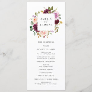 Watercolor Burgundy and Blush Fall Floral Wedding Programme