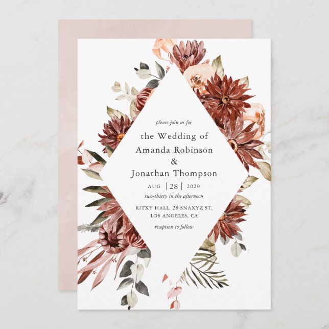 Watercolor Burgundy and Blush Floral Wedding Invitation (Front/Back)