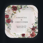 Watercolor burgundy and blush gold wedding paper plate<br><div class="desc">Get ready to elevate your wedding decor with these boho green and gold eucalyptus foliage chic paper plates! Perfect for adding a touch of adventure and whimsy to your special day, these plates are not your average wedding tableware. Infused with a vibrant bohemian charm, the intricate eucalyptus foliage design in...</div>