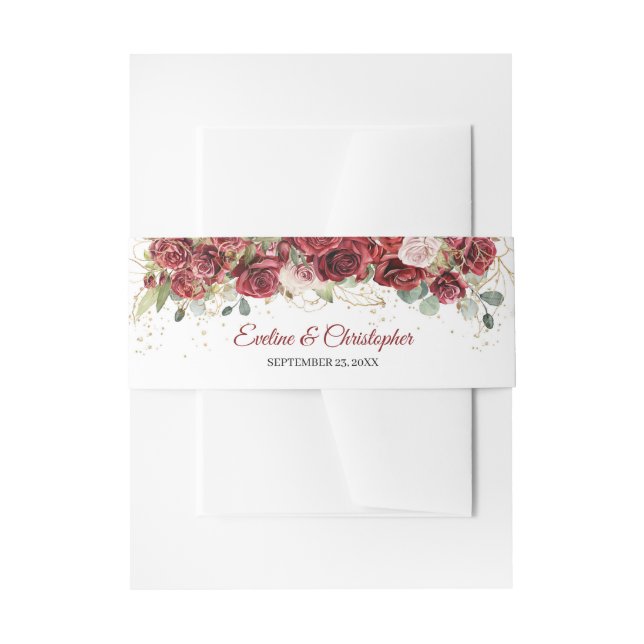 Watercolor burgundy and blush roses eucalyptus invitation belly band (Front Example)