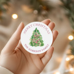 Watercolor Burgundy and Green Christmas Tree Classic Round Sticker<br><div class="desc">PreppyPrint.com - Celebrate Christmas in style! Add your personalised touch! Transfer this design onto the products of your choice too! Please visit my designer store,  PreppyPrint.com,  for coordinating items.</div>