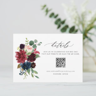 Watercolor Burgundy and Navy Blue Floral QR Code Enclosure Card