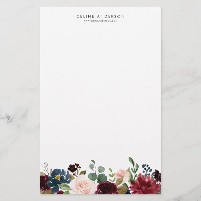Watercolor Burgundy and Navy Blue Flowers Garland Stationery (Front)