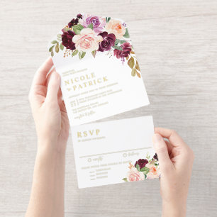 Watercolor Burgundy and Peach Flowers Fall Wedding All In One Invitation