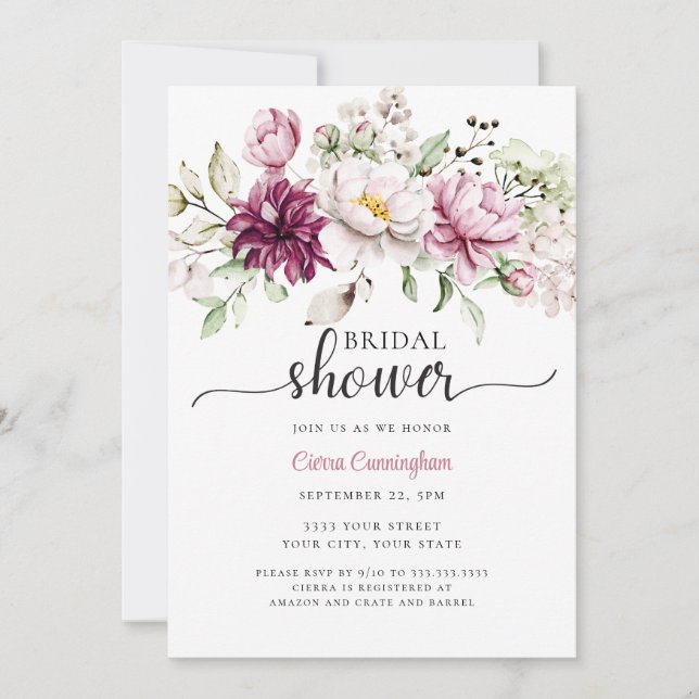 Watercolor Burgundy and Pink Floral Bridal Shower Invitation (Front)