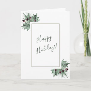 Watercolor Burgundy Berry, PIne & Holly Holiday Card
