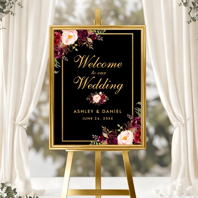 Watercolor Burgundy Black Gold Wedding Welcome Poster (Customize to change text size, text style or background color.)