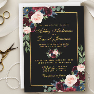 Watercolor Burgundy Blue Floral Black Gold Wedding Invitation