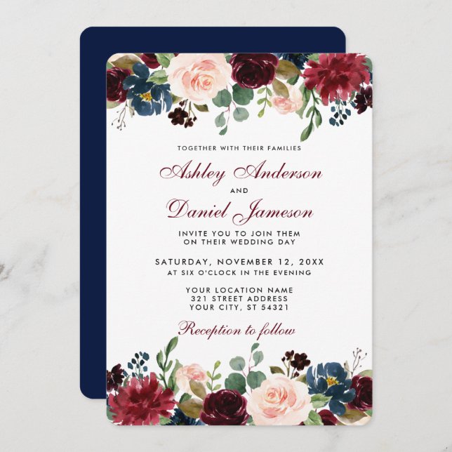 Watercolor Burgundy Blue Floral Elegant Wedding B Invitation (Front/Back)
